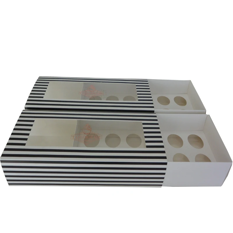 
Customized printed black and white stripe drawer cupcake box 
