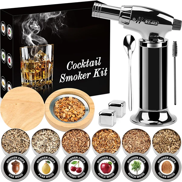 Whiskey Infuser Cocktails Smokers with 2 Whiskey Stones Smoker Kit with 6 Flavors Wood Chips Cocktail Smoker Kit with Torch