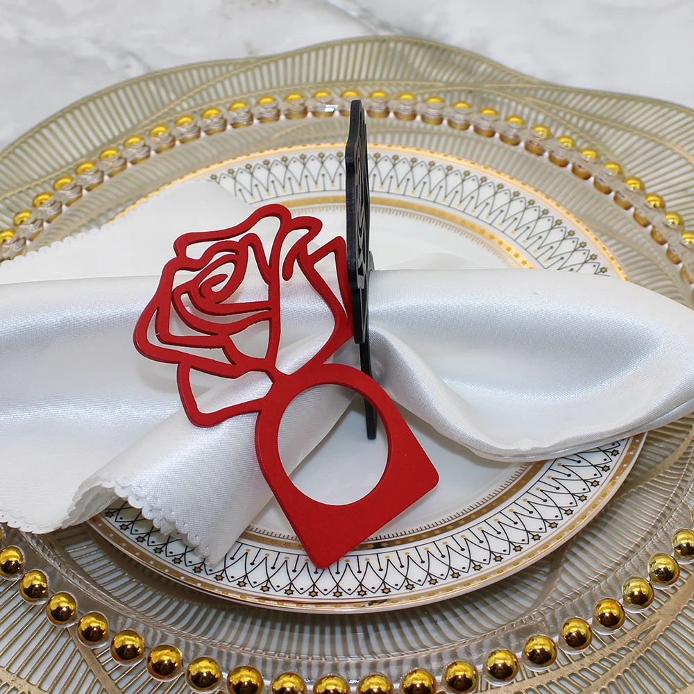 Laser Cut Rose Napkin Ring Wooden Napkin Ring Holder for Wedding Banquet Dinner Decoration HWW58