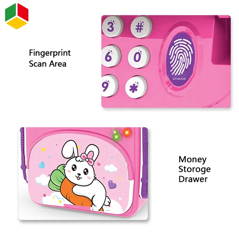 QS Children Schoolbag ATM Deposit Money Simulation Fingerprint Identification Unlock Password Piggy Bank Safe Banking Toys