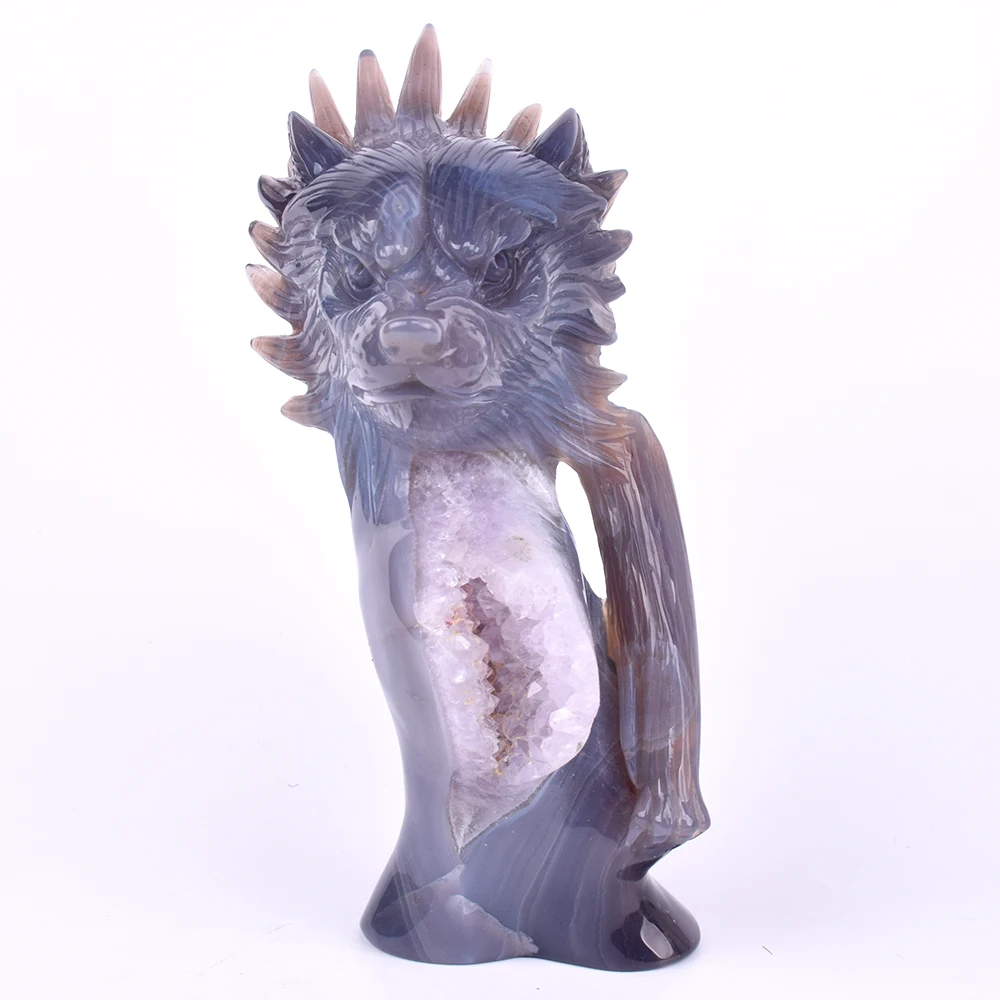 Exquisite Hand Carved Agate Amethyst Geode  Crystal crafts Carved Statue Crystal Wolf SKull Carvings for Garden home decoration