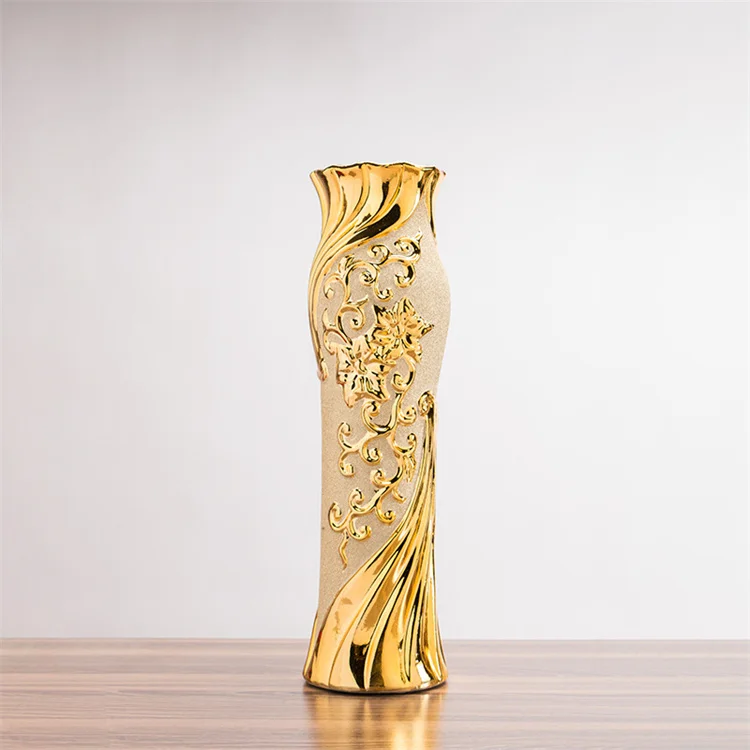 European Vase Decoration TV Cabinet Golden Flower Arrangement 60cm Floor Ceramic Vases