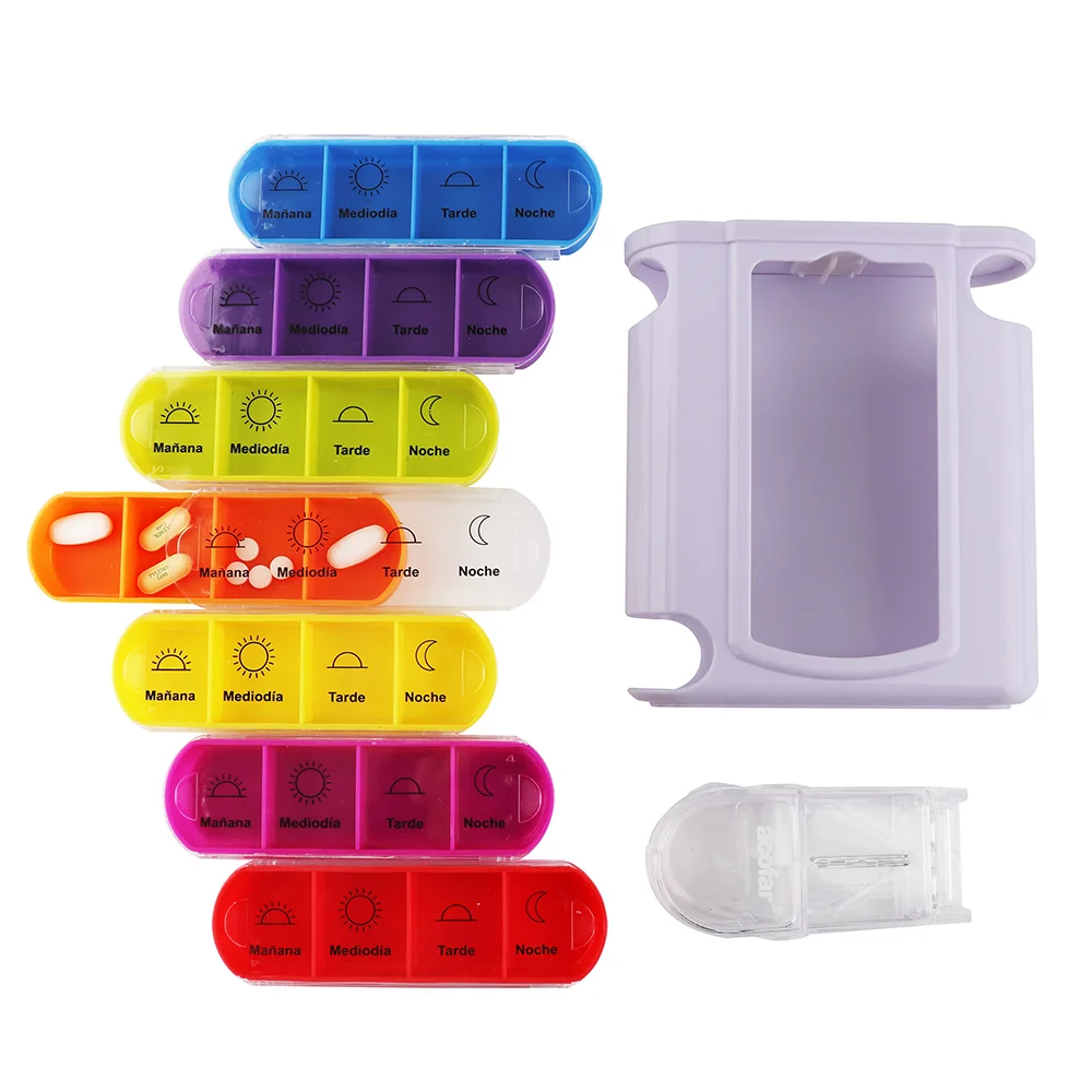 Weekly Plastic Pill Box 7 Days 4 Compartments Storage Organizer Medication Reminder with Pill Cutter