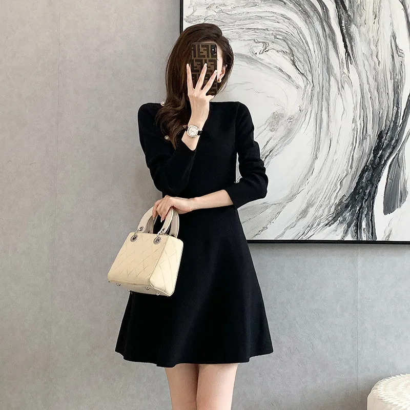 French Hepburn style mature and elegant sexy half-high neck long-sleeved cardigan button ladies knitted A-line office dress