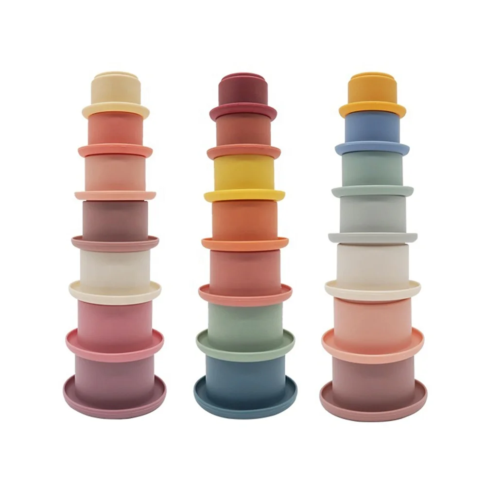 
Amazon Hot Sale High Quality Set of 7 Pieces Silicone Stacking Cups Different Bottom Shape Building Soft BPA Free Baby Toys 