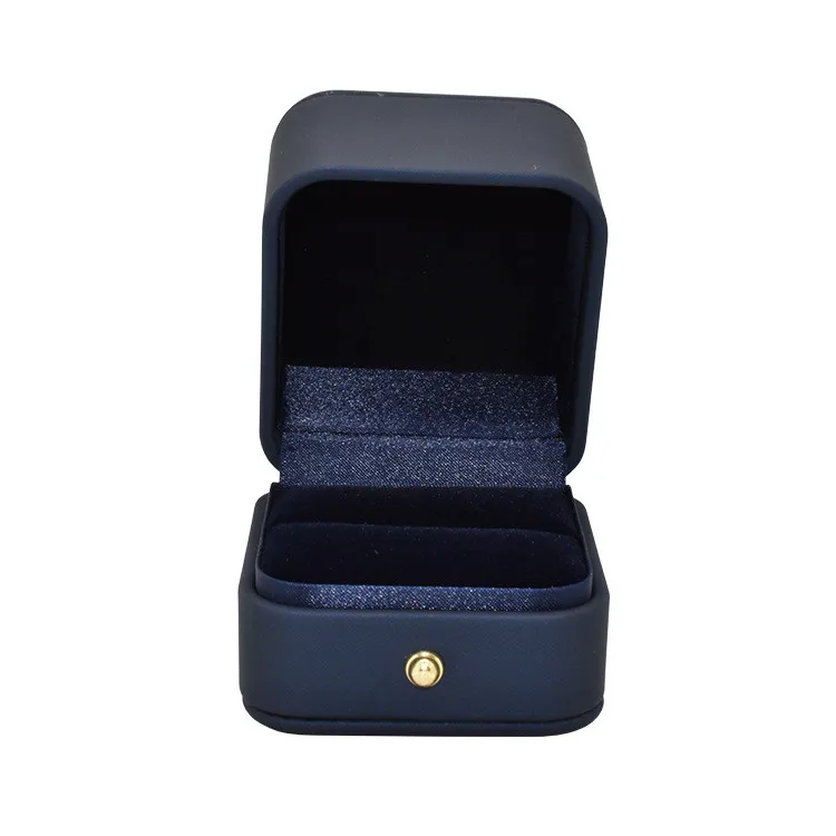 High-end wholesale Navy PU leather ring box with button custom logo jewelry box for ring earring