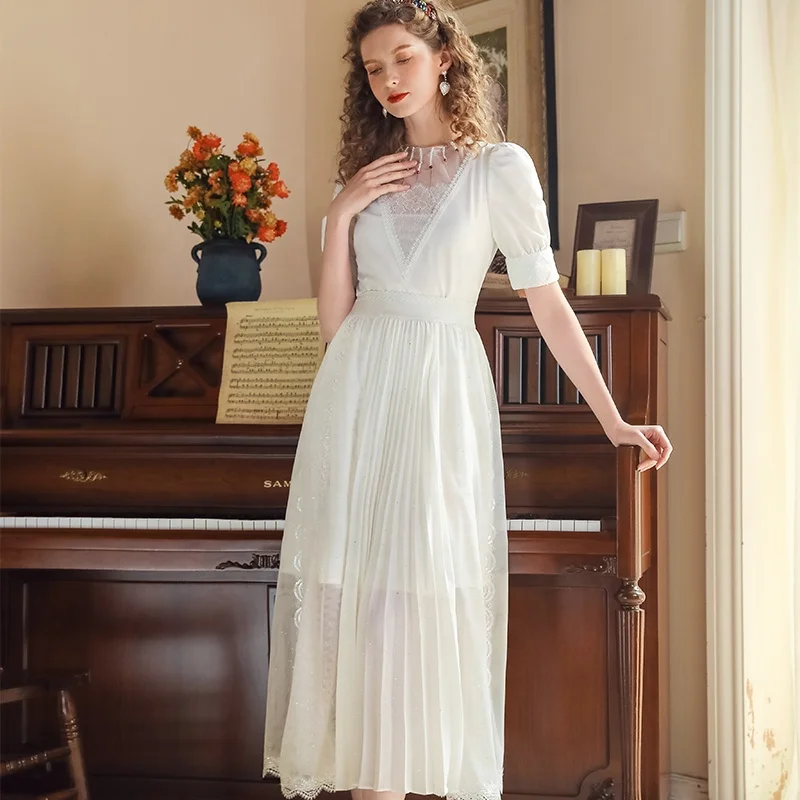 White High Waist A-line Skirt Sequin Pleated Ankle Tulle Skirt Elegant Ladies Skirts