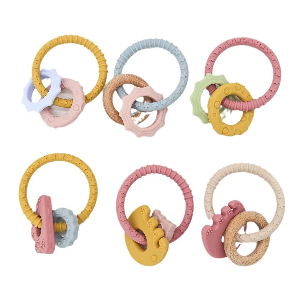 3 In 1 New Arrival Food Grade Silicone Teether Rattles Sensory Chewing Toys Bpa Free Silicone Infant Donut Teething Ring
