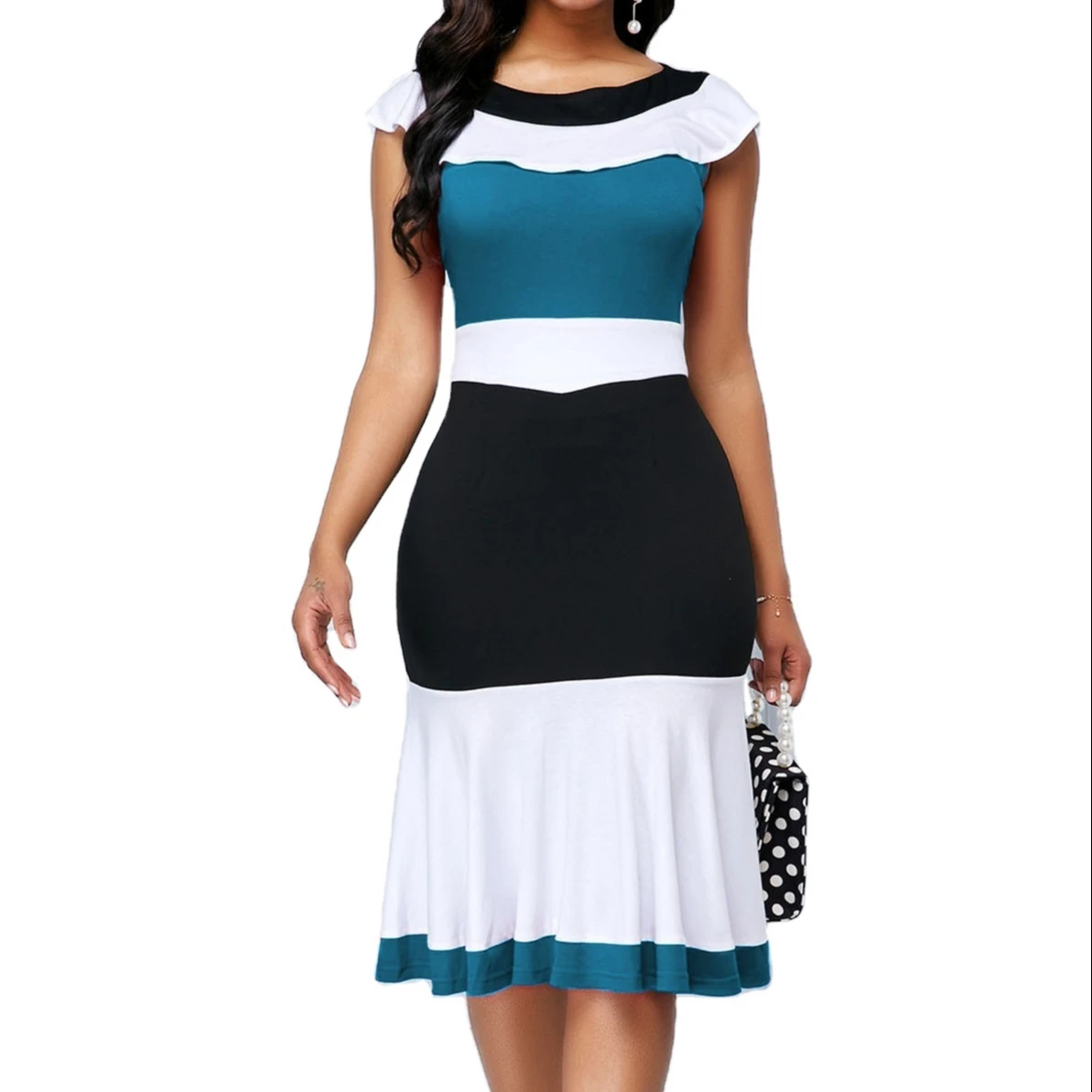 2022 Summer Sleeveless Ruffles Color Blocking Bodycon 5XL Plus Size Women Elegant Casual Dresses