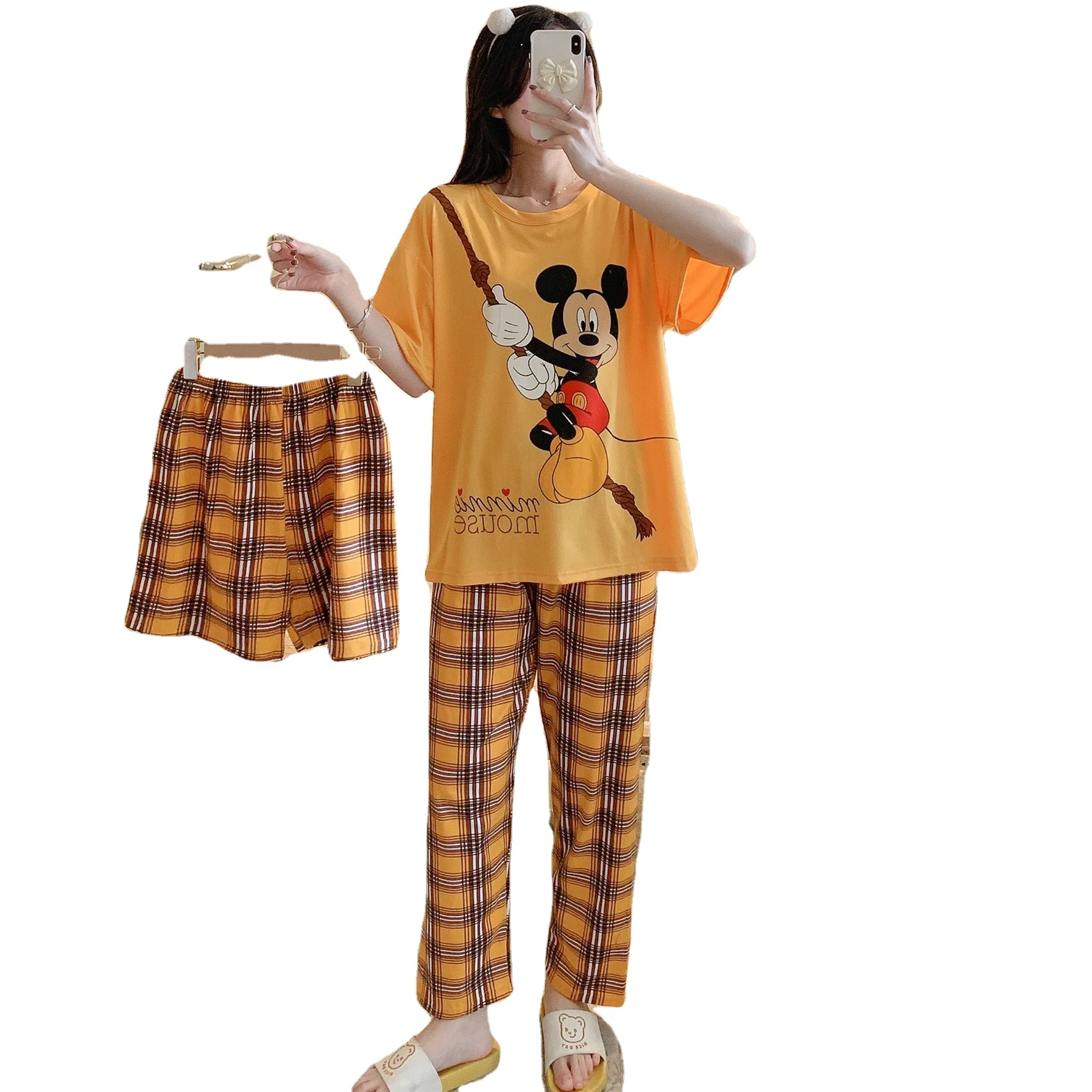 Factory Cheap Price Women Pajamas Cute Three Piece Sets Cartoon Short Summer Ladies Women Sleepwear Set Cotton