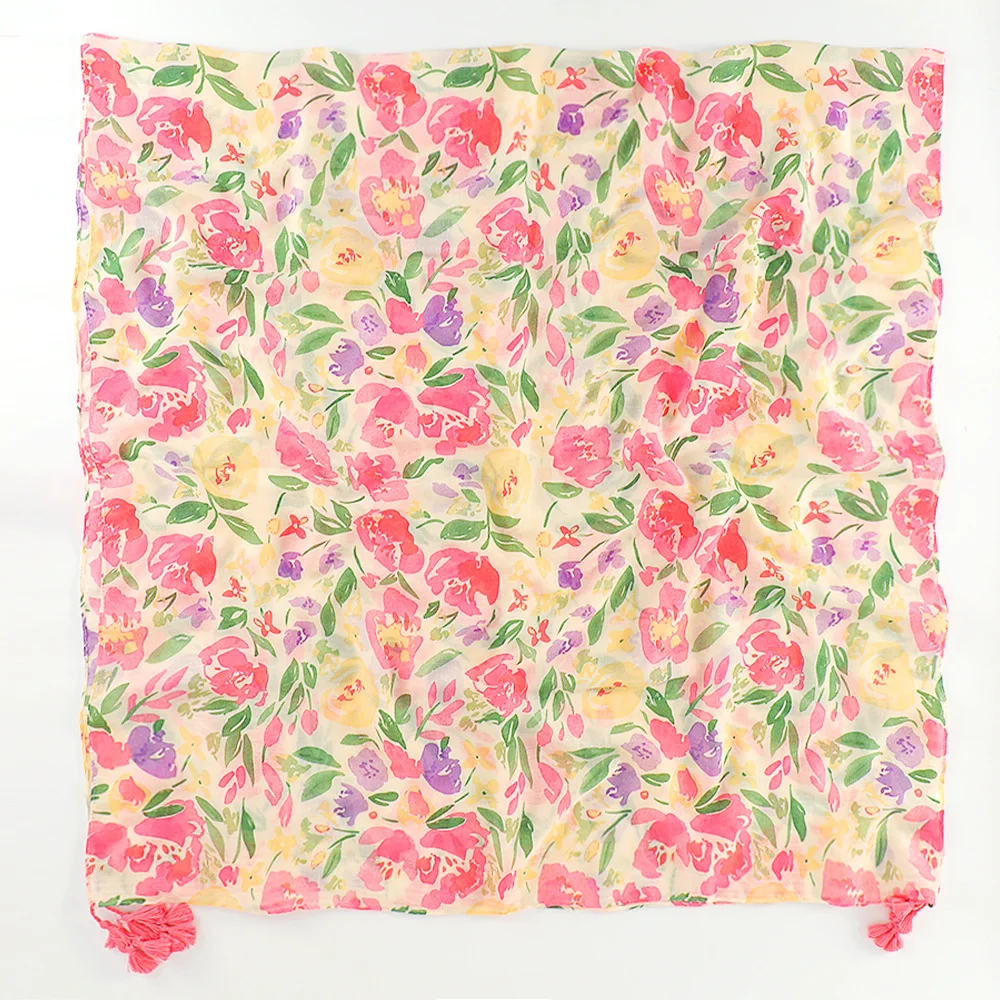 2022 hot selling newest design summer ladies plant flower cotton beach shawls fashion women cotton fabric scarf with tassels
