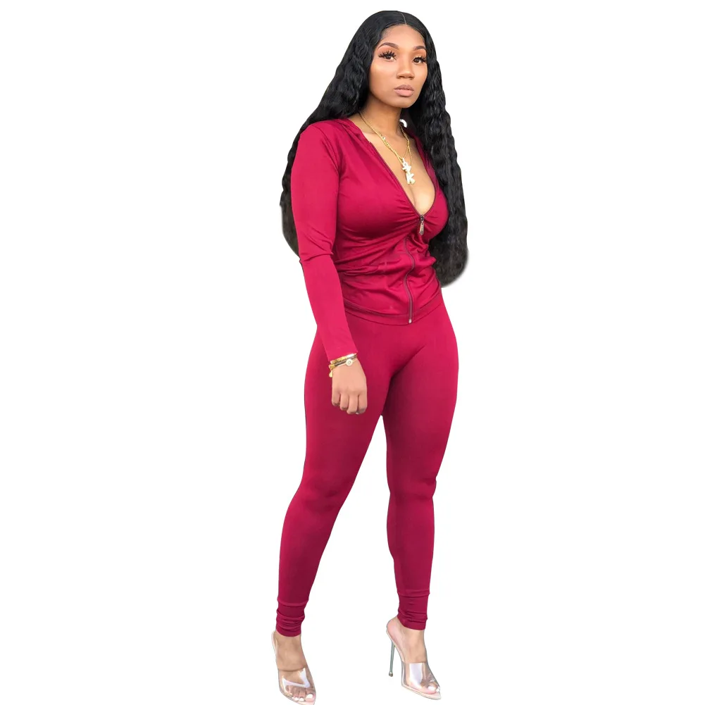 
2021 New Arrivals Plus Size Women Hooded Drawstring Long Sleeve Jacket Slim Pants 2 Pieces Set Solid Outfits Fitness Tracksuit 