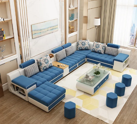 cheap home Furniture 7 Seater modern European wooden fabric U shaped Chaise Lounge sectional couch living room sofa set