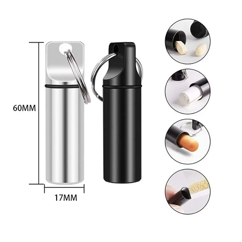 Aluminum Cylinder Pill Box Case Keychain Metal Waterproof Mini Portable Medicine Container Pill Box Organizer Case Bottle Holder