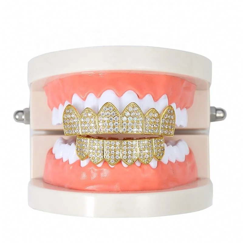 18K real gold plating brass with bling zircon hip hop halloween dentures and fangs grillz teeth with case individually packaged