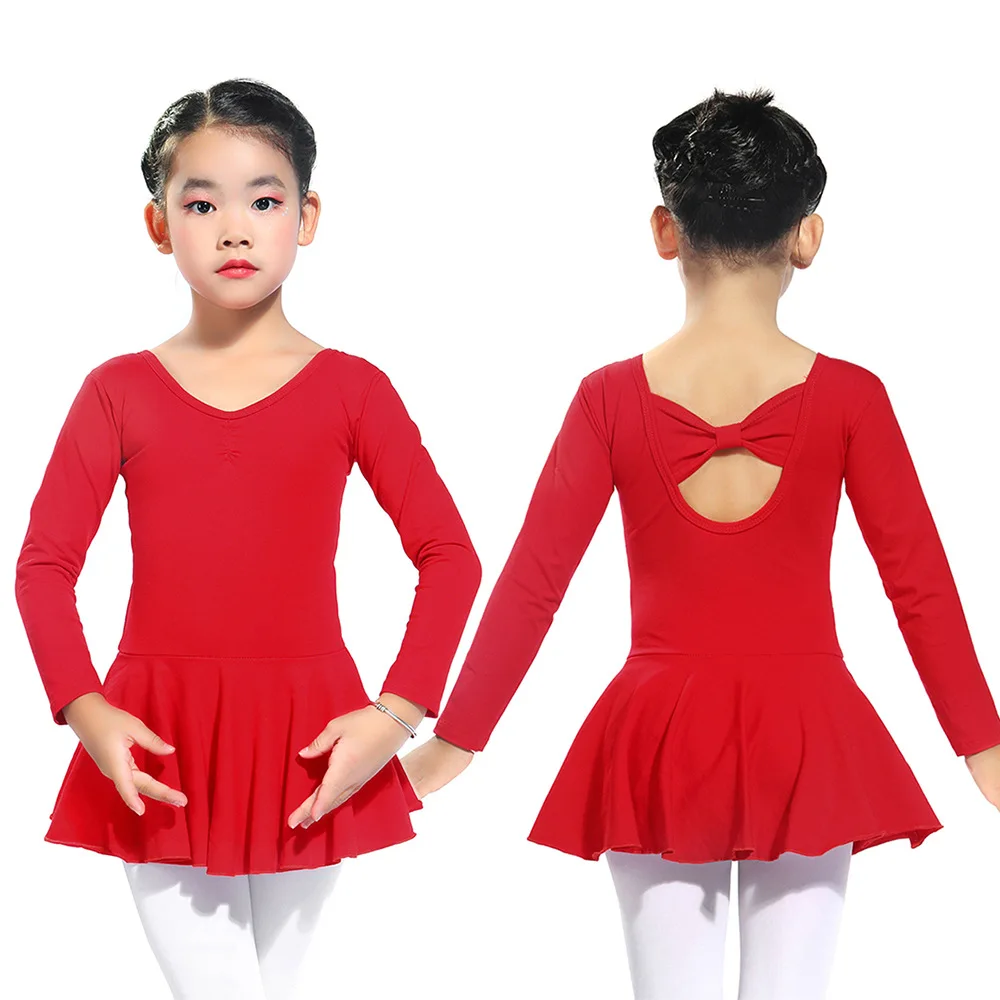 Spring Autumn Solid Color Long Sleeve Cotton Breathable Princess Girls Ballet Dance Dress Kids Performance Dancing Wear