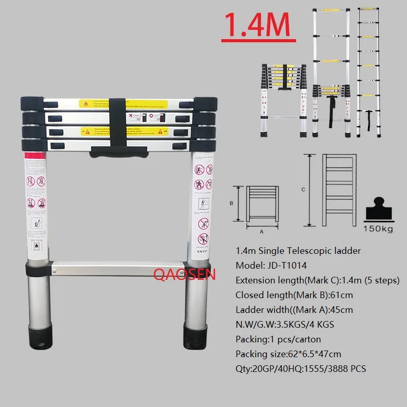 1.4m Single Telescopic Ladder Folding Ladders 150kg Load Capacity