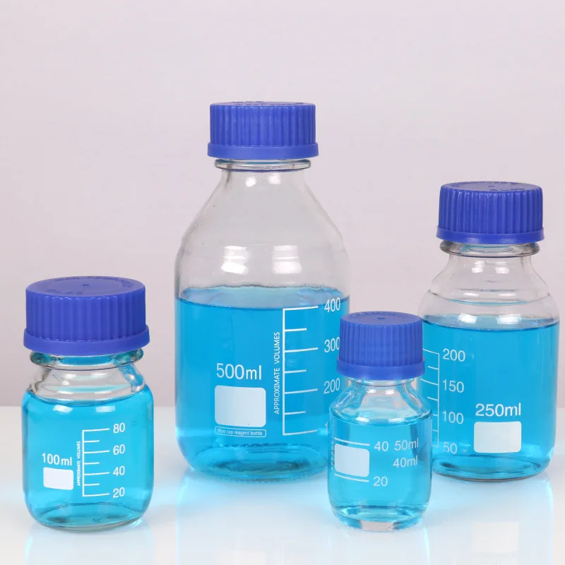 Blue spiral cap for medium storage bottles in chemical laboratory equipment