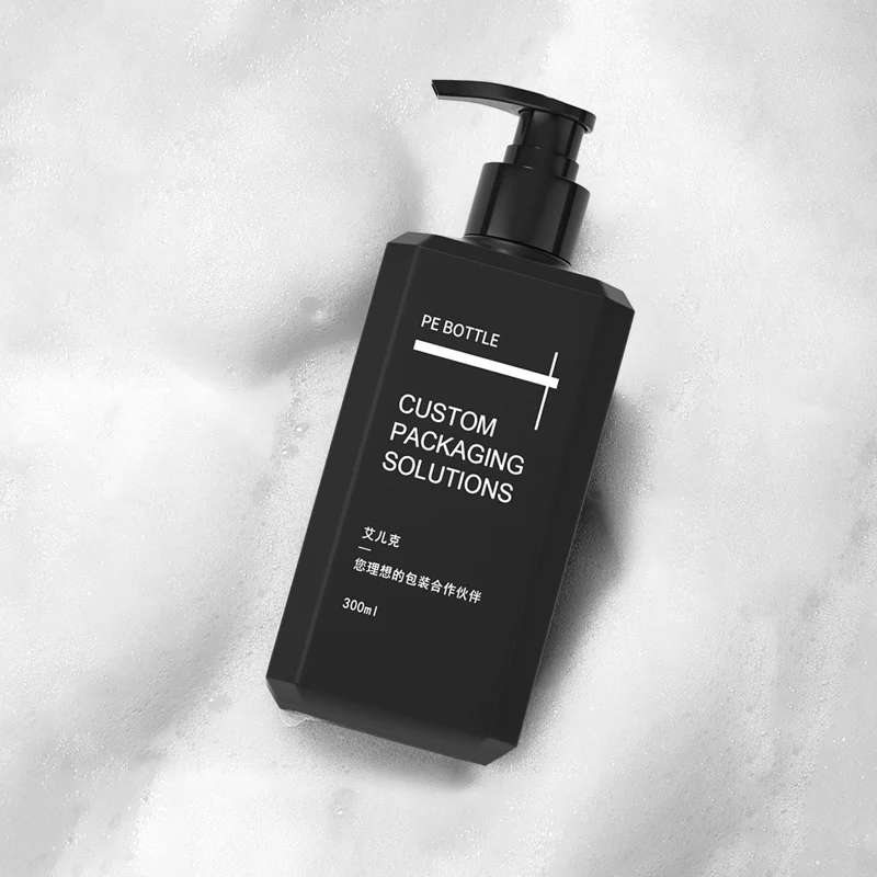 Custom 300ml Black Square HDPE Plastic Lotion Pump Bottle Empty Shampoo Conditioner Packaging Container With Screw Cap