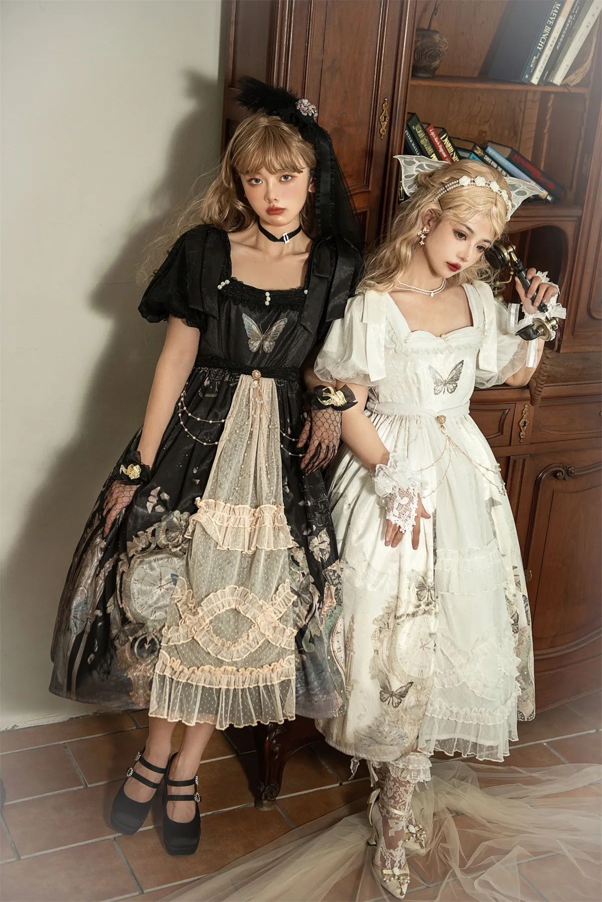 Square neck tight waist vintage retro gothic royal dress patchwork bow knot lolita dresses for women