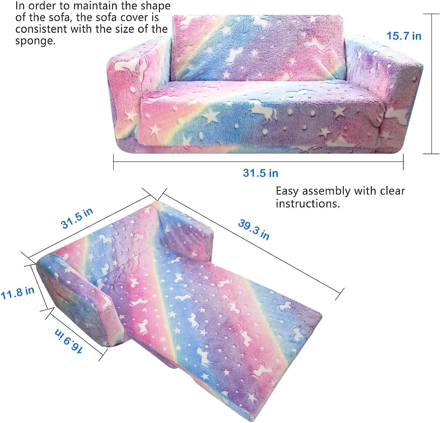 Kids Sofa Toddlers Sofa with Blanket Glow in the Dark Kids Couch Fold Out Toddlers Play Couch 2 Seats Couch for Kids Toddlers