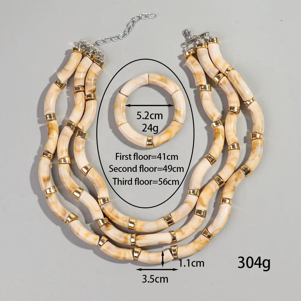 2024 Resin Shell Marble Multilayer Jewelry Gold Plated Copper Spacer Creative 3 PCS Tube Beads Bracelet Necklace Set for Women