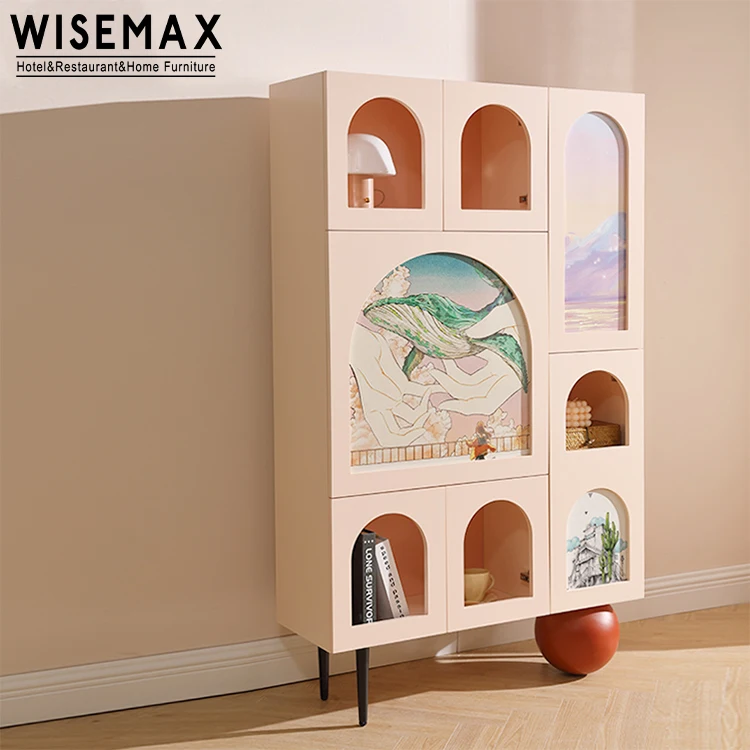 WISEMAX FURNITURE creative living room sofa side pink wood glass long cabinet with open door shelving design floor cabinet