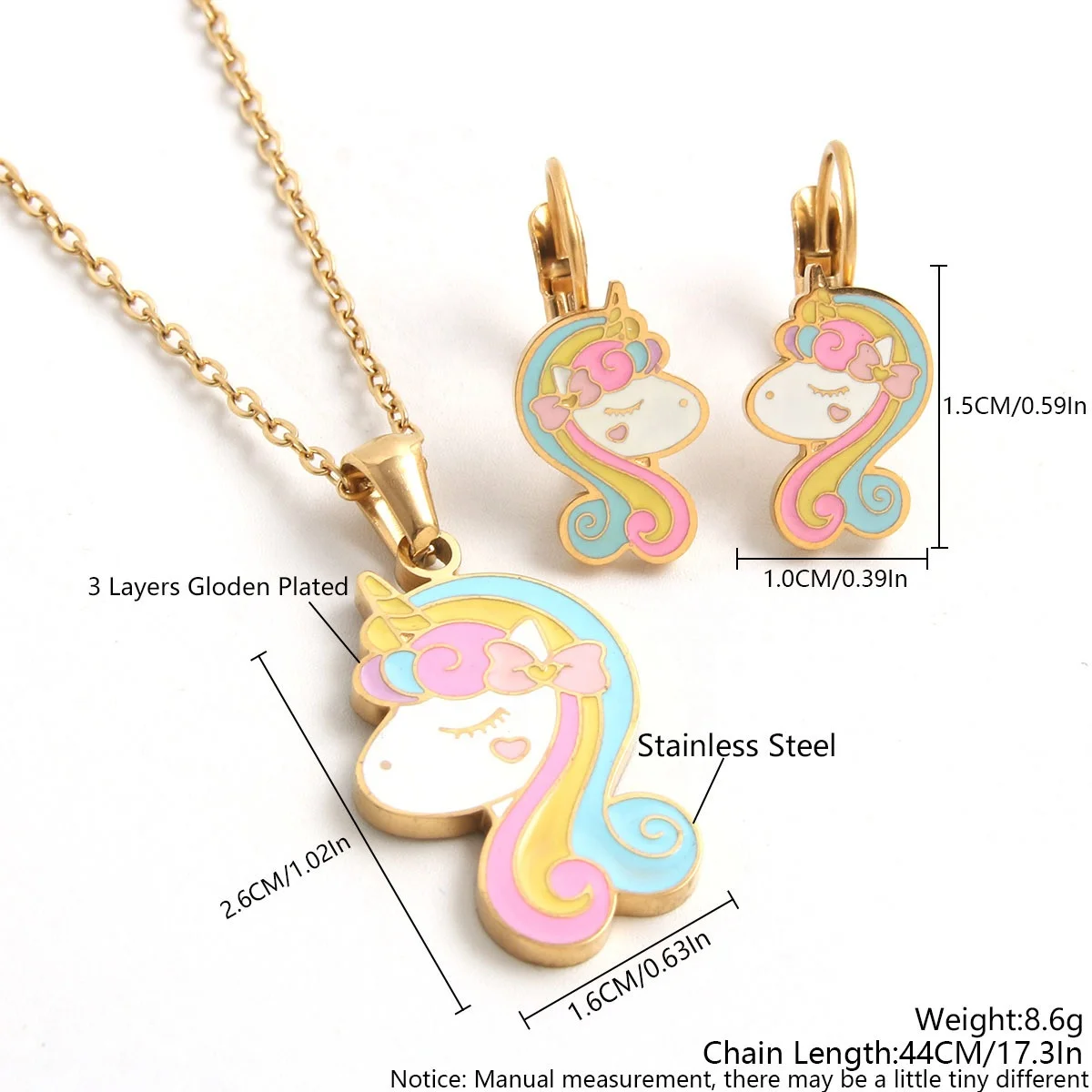 Children kids little young girls jewelry set 18k gold plated animal unicorn insect dragonfly ladybug necklace earrings set