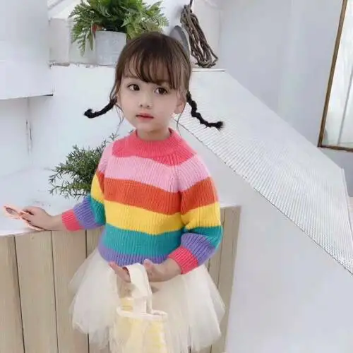 
Baby Kids Girls Rainbow Pullover Sweater Jumpers Cardigans Striped Knitting Tops 