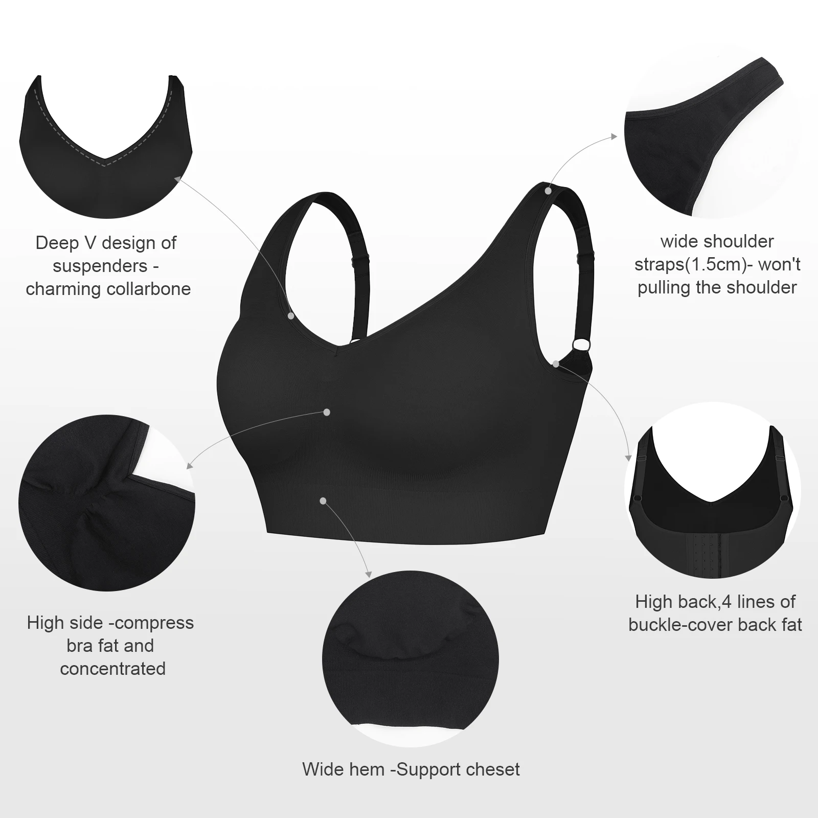 Custom Logo Deep Cup Bra for Women Solid Pattern Padded Design Elasticity Plus Size Body Shaping Shapewear Hides Back Fat
