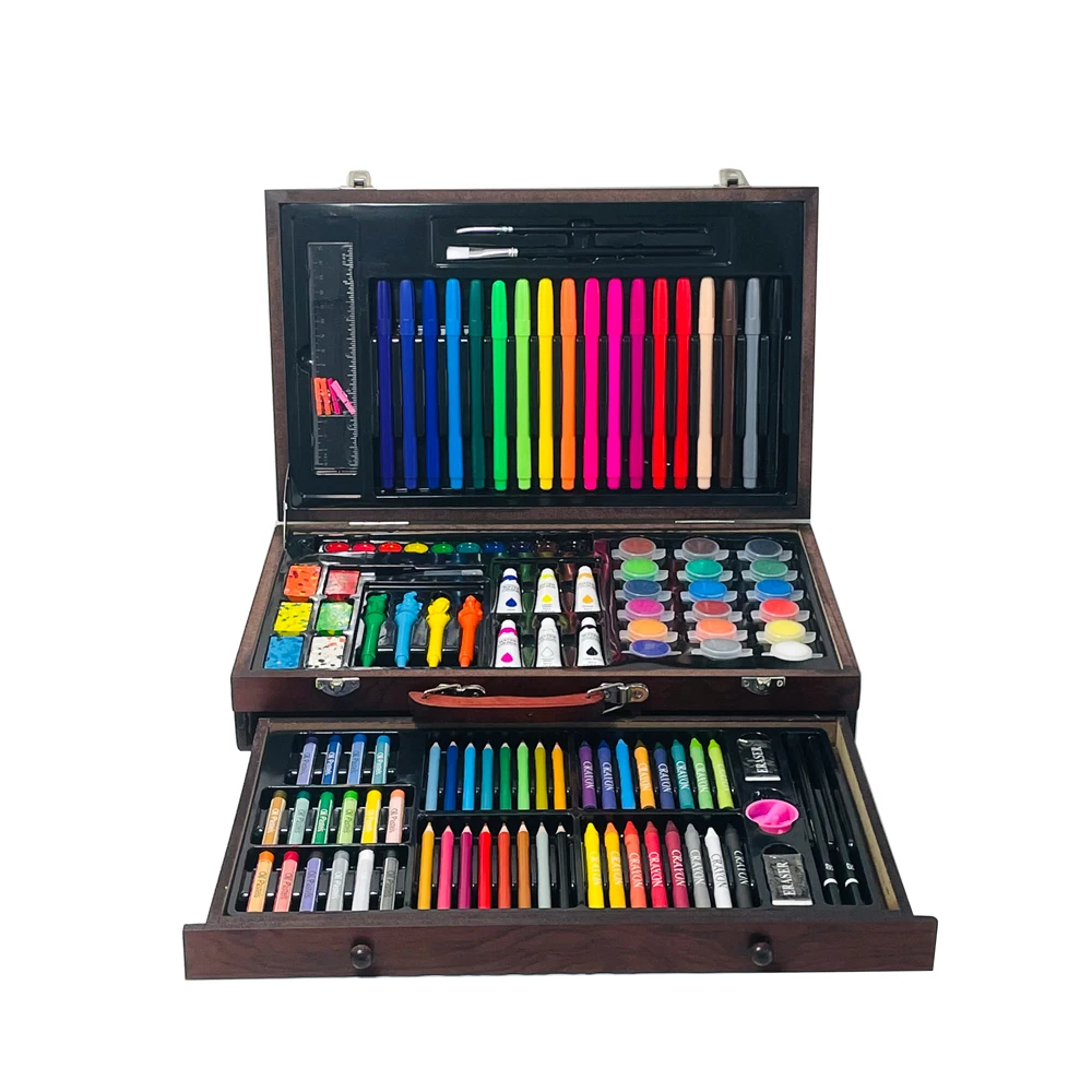 GF New Design 123pcs Wooden Case Children Art Painting Set,Crayons Oil Pastels Colored Pencils Markers Brushes Artist Tool Kit
