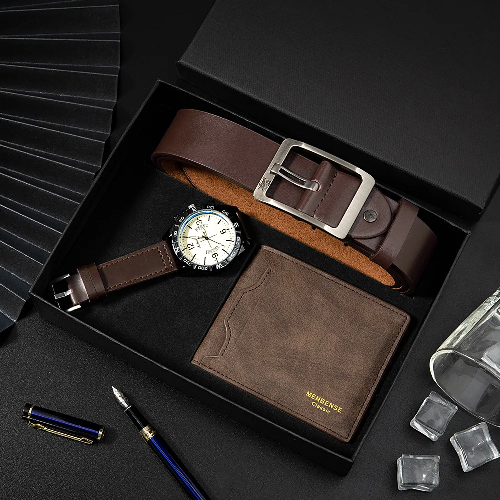 Wholesale Business Gift Leather Belt Wallet Watch 3 Pcs Set Wallet Watch Set For Man