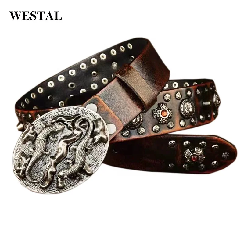 Westal Trend Punk Style Mens Belts Genuine Leather Womens Leather Belts Western Alloy Buckle Leather Belt