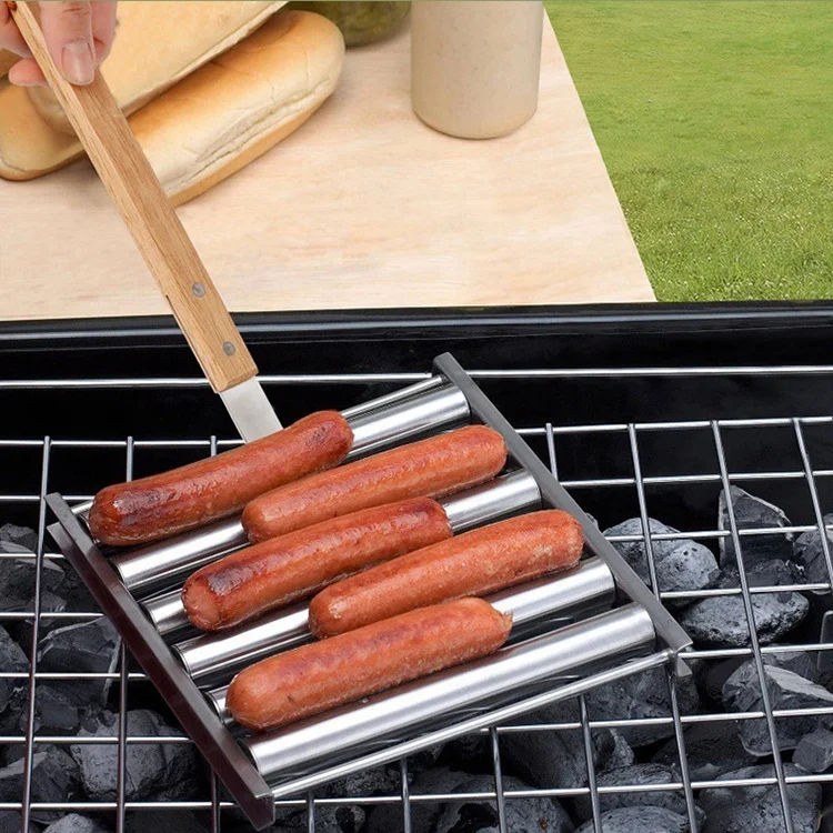 Camping Mini Portable Stainless Steel Hot Dog Sausage Roller With Wood Handle For Grill Bbq Accessories Rack Steamer