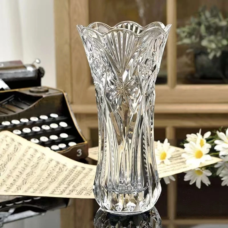 made in China clear crystal glass vase for flower decorative collection holder tall vase durable embossed glass flora holder