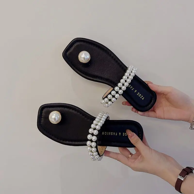 Wholesale price Ladies Casual Sandals Flat Fashion pearl decoration Slippers Slip On Rubber Soft Summer Flats for Women