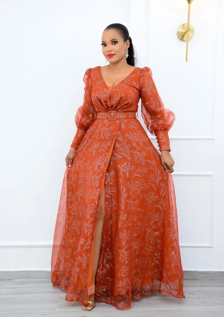 Wholesale plus size printed plus size women temperament commuter mesh sleeve high waist long skirt chiffon dress with belt