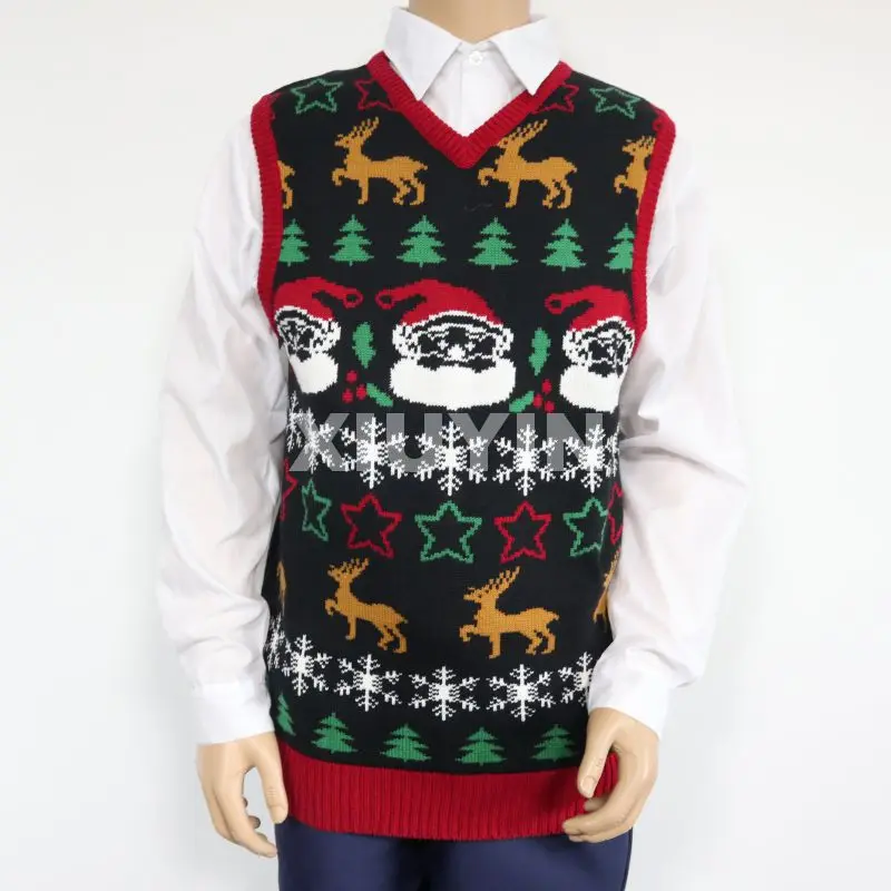 
Multi-Color ugly Christmas sweater Vest with pockets embroidered pattern Winter thick jacquard cardigan with buttons 