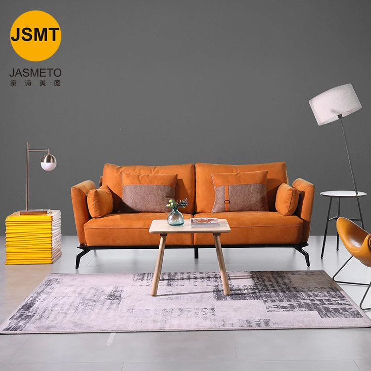 Foshan Furniture 2 Seat Orange Velvet Cover Loveseat Wood Frame Living Room Sofa Retro Orange Fabric Sofa