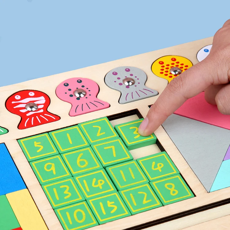BDJ Digital 5 in 1 Matching Puzzle Early Learning Logarithmic board Colorful Wooden Tangram Brain