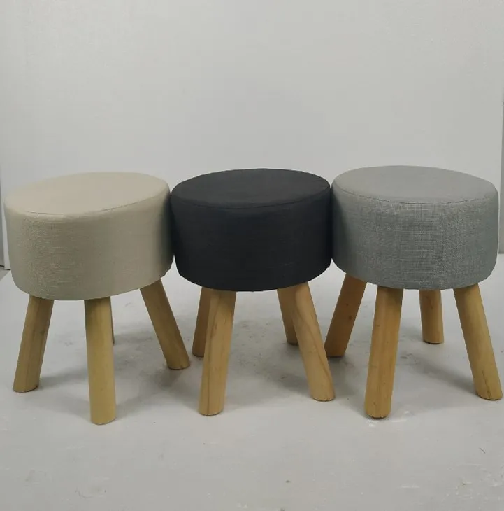 4 legged wooden round shape footstool with linen fabric cover