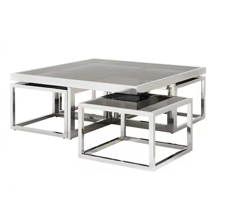 5 Pces Of Set Modern 1+4 Coffee Table Basse Gold Metal Stainless Steel Frame Living Room Furniture Square Glass Coffee Table Set