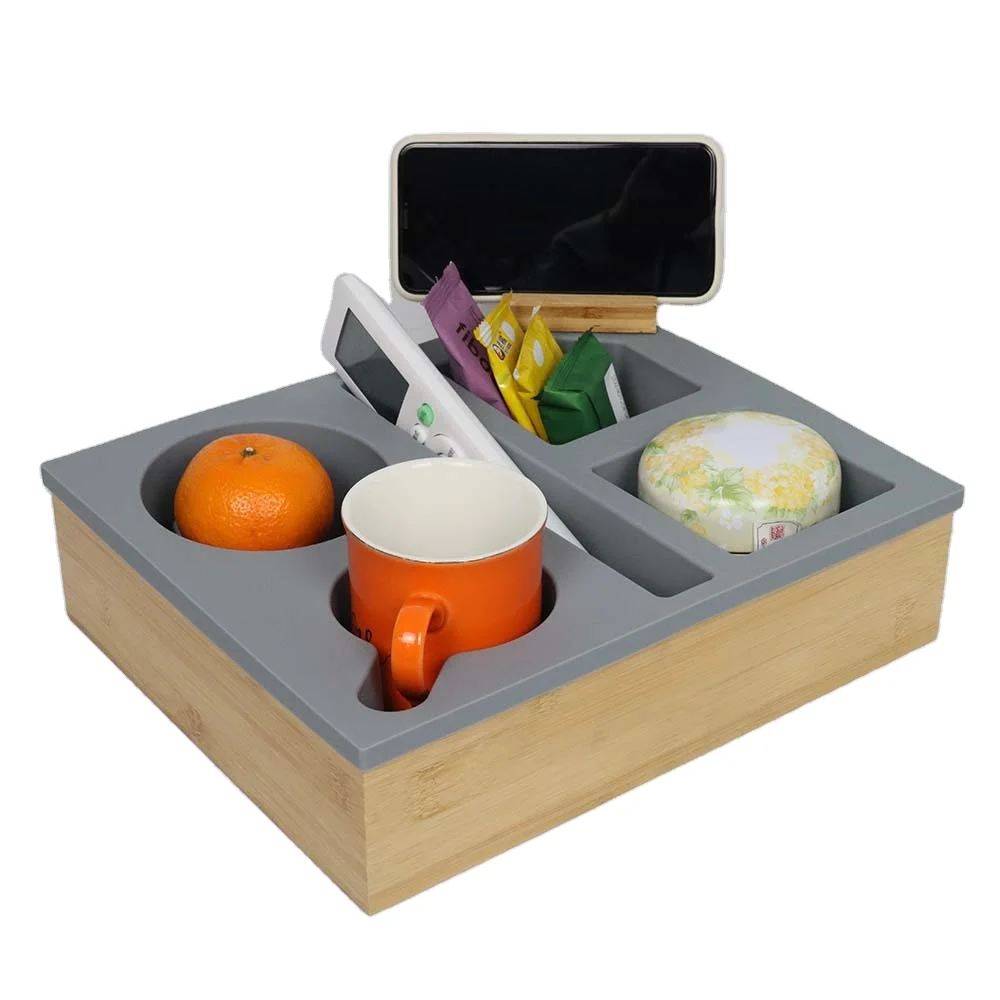 Customization Size Couch Cup Holder Tray Soft Silicone Acacia Wooden Couch Caddy For Bed Car Seat Beach Organizer