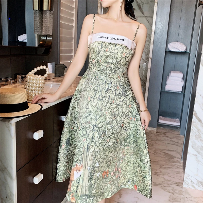 High Sense of Luxury Light luxury Tube top Printed sling Banquet Dress design Sense Temperament Waisted A-line slim Dress