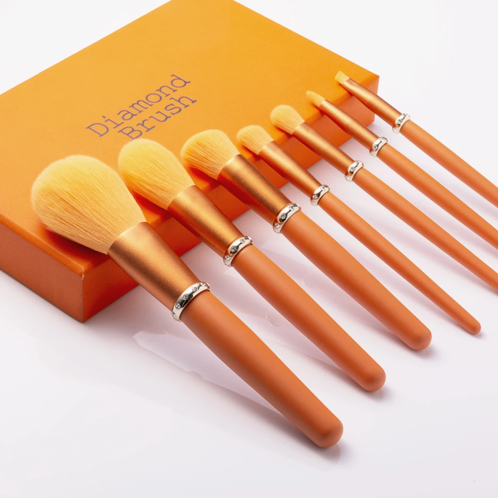 7pcs Best Selling Private Label Orange Diamond Synthetic Hair Make Up Beauty Makeup Brushes Set With Case