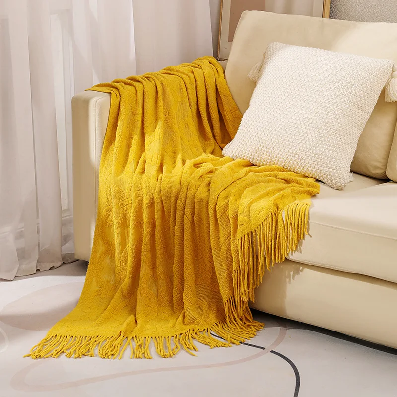 American Style Solid Color Acrylic Jacquard Throw Blanket With Tasseled Edge Soft Warm Decorative Knitting Blanket For Sofa