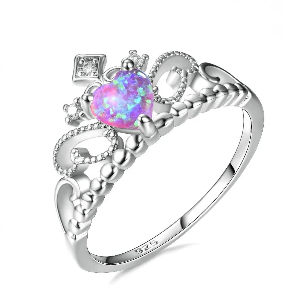 
Ring woman S925 sterling silver heart shaped white opal crown ring 
