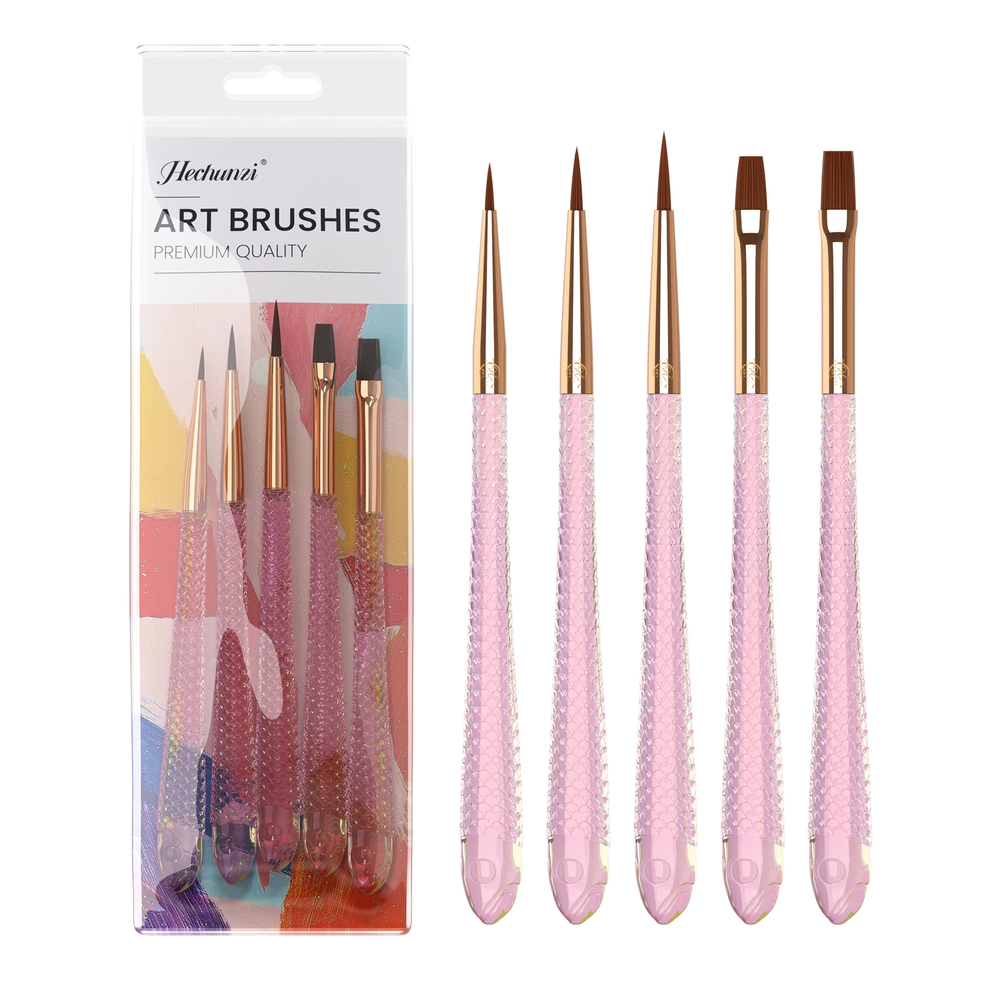 5 Pieces Set Nylon Hair Pink Acrylic Fish Scale Design Handle Artists Painting Brushes For Watercolor Gouache Oil Acrylic