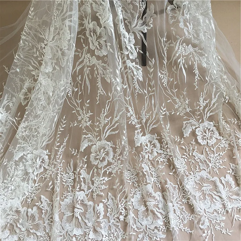 New Embroidery Soft Lace Face Fabric Big Flower Branch Sequins Wedding Dress Dress Qipao Window Curtain Handmade DIY