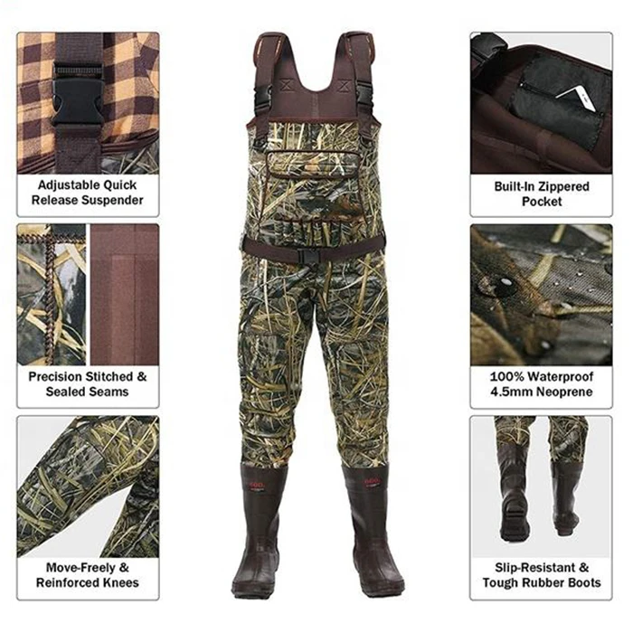 Hunting Fishing Breathable Waterproof Neoprene Wading Pants Waist Chest fly waders with PVC rubber boots